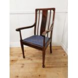 Edwardian mhogany open armchair with stainwood inlaid the upholstered seat above turned legs { 106cm