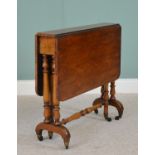 Mahogany Sutherland table raised on twin supports and outswept feet and turned stretcher .{ 72cm H X