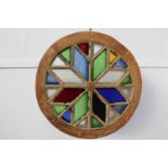 Circular pine window frame with stain glass panels { 61cm Dia X 8cm D }.