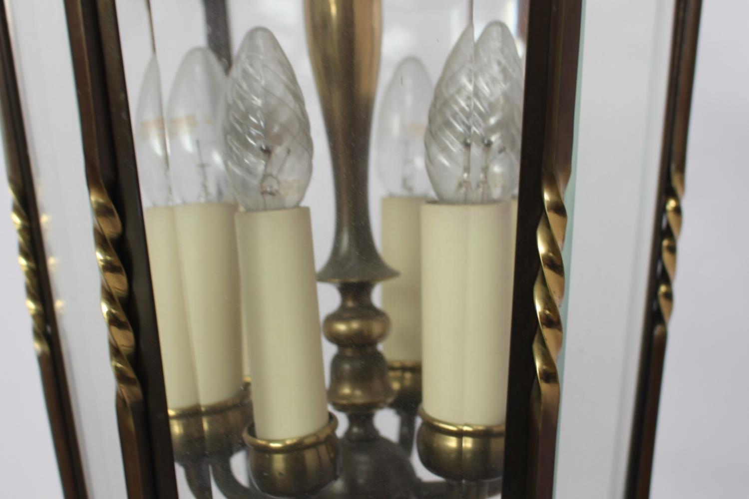 Decorative brass and glass hexagonal hall lantern { 78cm H X 30cm Dia } - Image 2 of 3