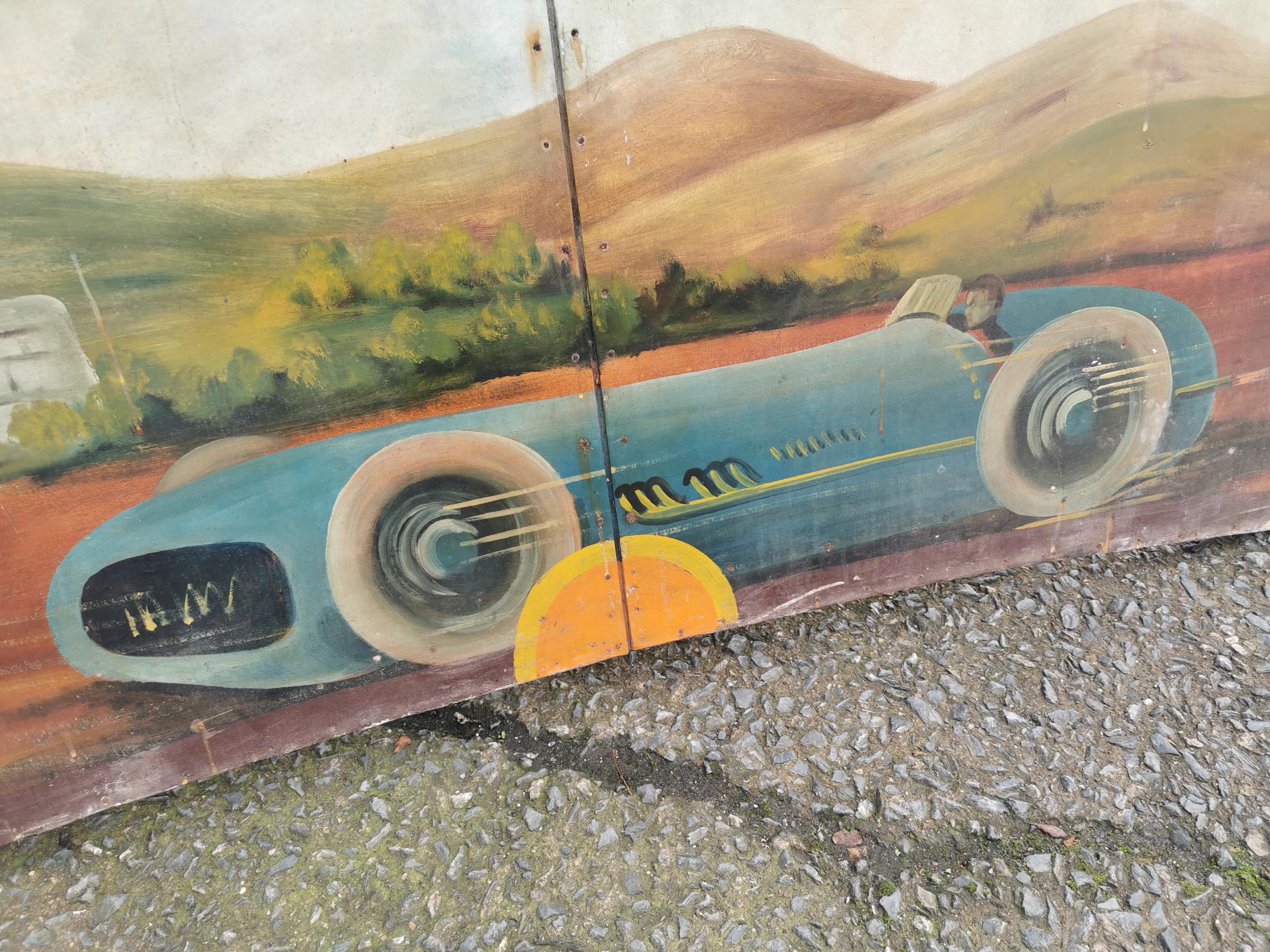 Rare early 20th C. painted wooden carvnival panels decorated with racing car scenes {98 cm H x 228 - Image 2 of 3