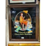 Jacob's Chocolate Biscuits reverse painted glass framed advertisement. {69 cm H x 56 cm W}.