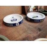 Two ceramic Harp Lager Bristol Pottery advertising ashtrays. {4 cm H x 28 cm Dia}.