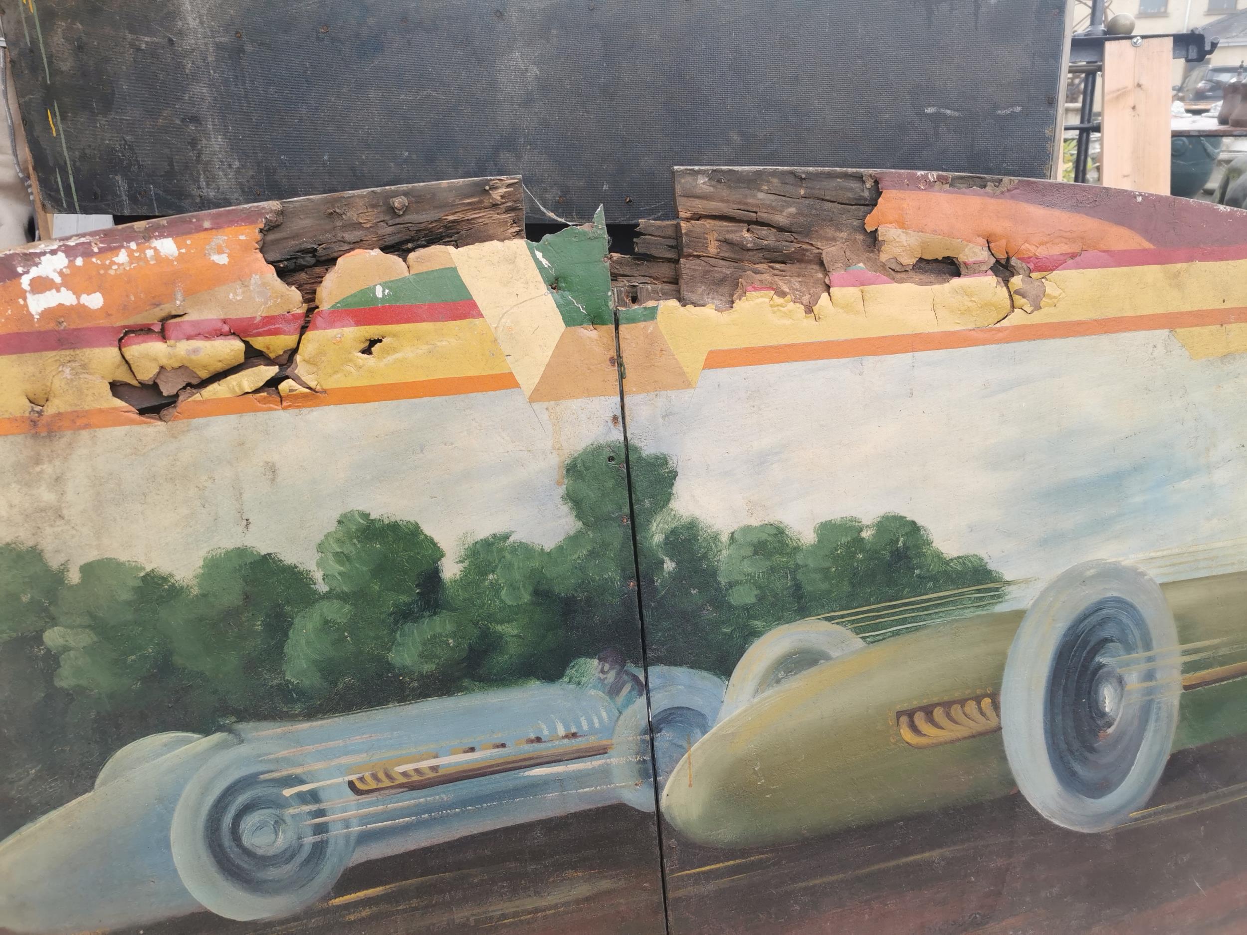 Rare early 20th C. painted wooden carvnival panels decorated with racing car scenes g {98 cm H x 228 - Image 3 of 3