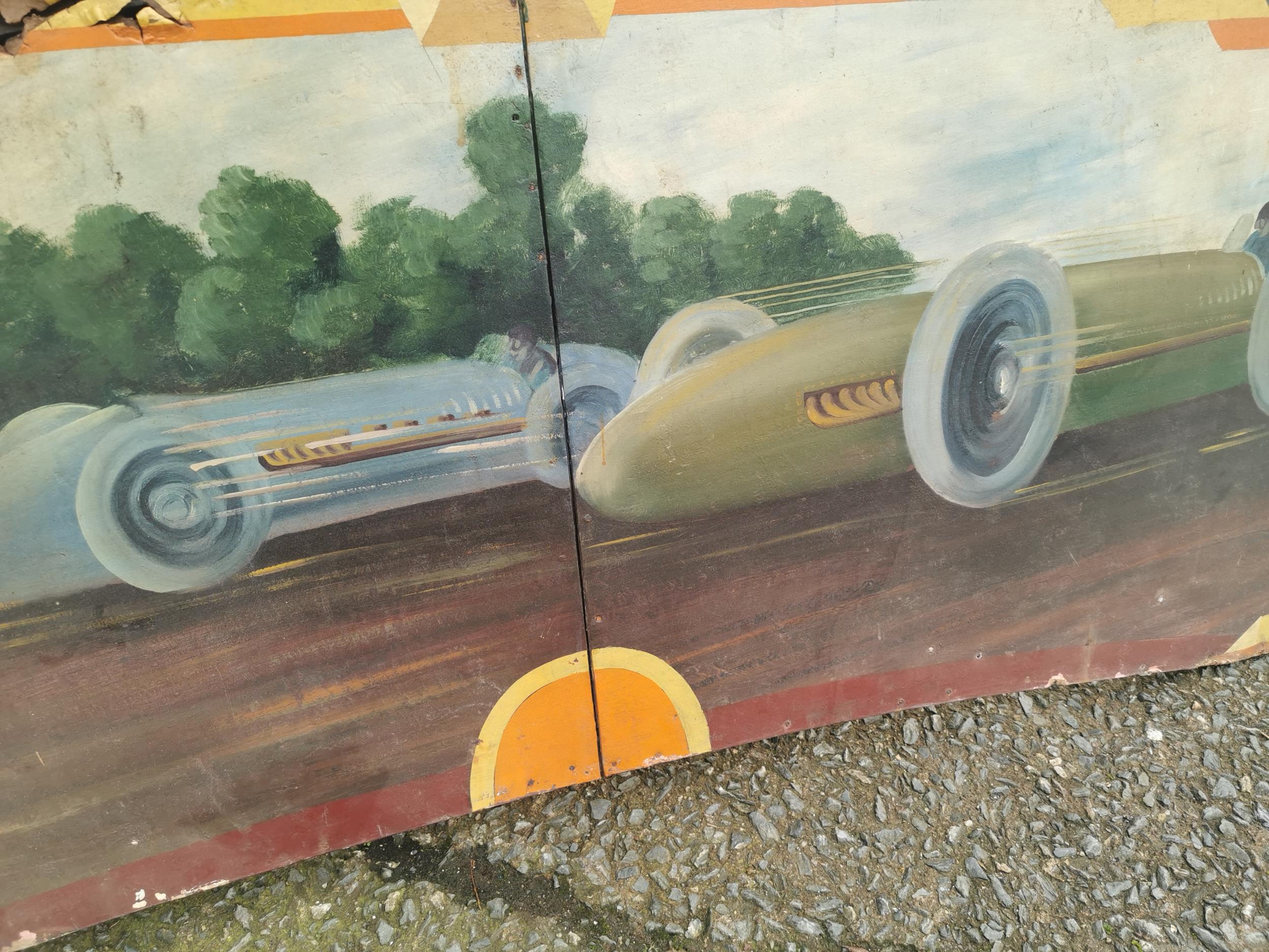 Rare early 20th C. painted wooden carvnival panels decorated with racing car scenes g {98 cm H x 228 - Image 2 of 3