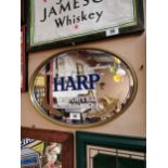 Harp Lager framed advertising mirror. {34 cm H x 48 cm W}.