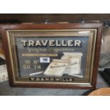 Travellers Virginia Tobacco framed advertising print. {31 cm H x 44 cm W}.