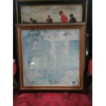 Nude Female Golfers framed coloured print . {44 cm H x 57 cm W}.