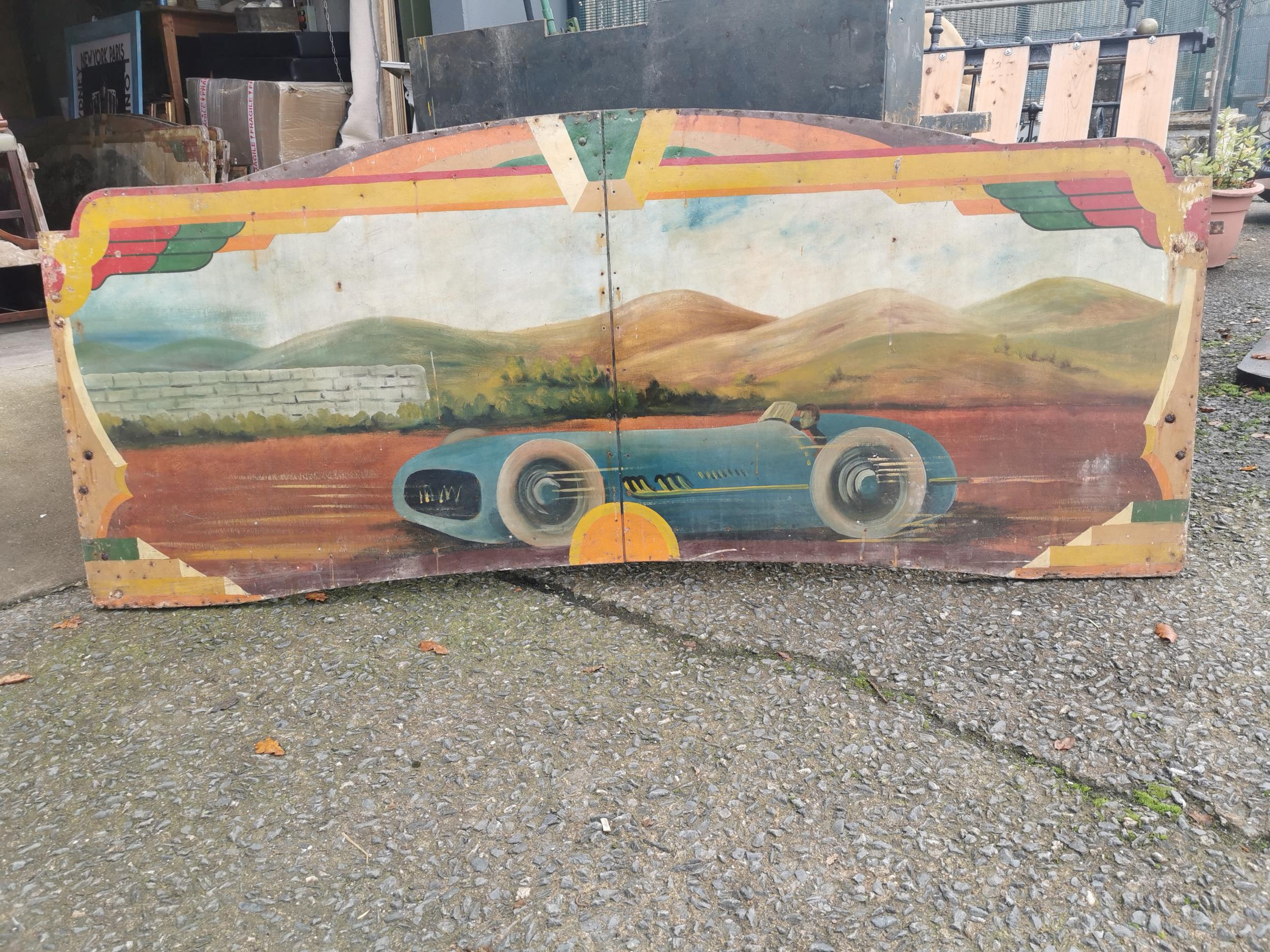Rare early 20th C. painted wooden carvnival panels decorated with racing car scenes {98 cm H x 228