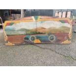 Rare early 20th C. painted wooden carvnival panels decorated with racing car scenes {98 cm H x 228