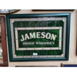 Jameson Irish Whiskey framed glass advertisement with leaded glass effect. {51 cm H x 67 cm W}.