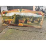 Rare early 20th C. painted wooden carvnival panels decorated with racing car scenes {98 cm H x 228