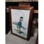 Golfer humorous framed coloured print. { 64 cm H x 46 cm W}.