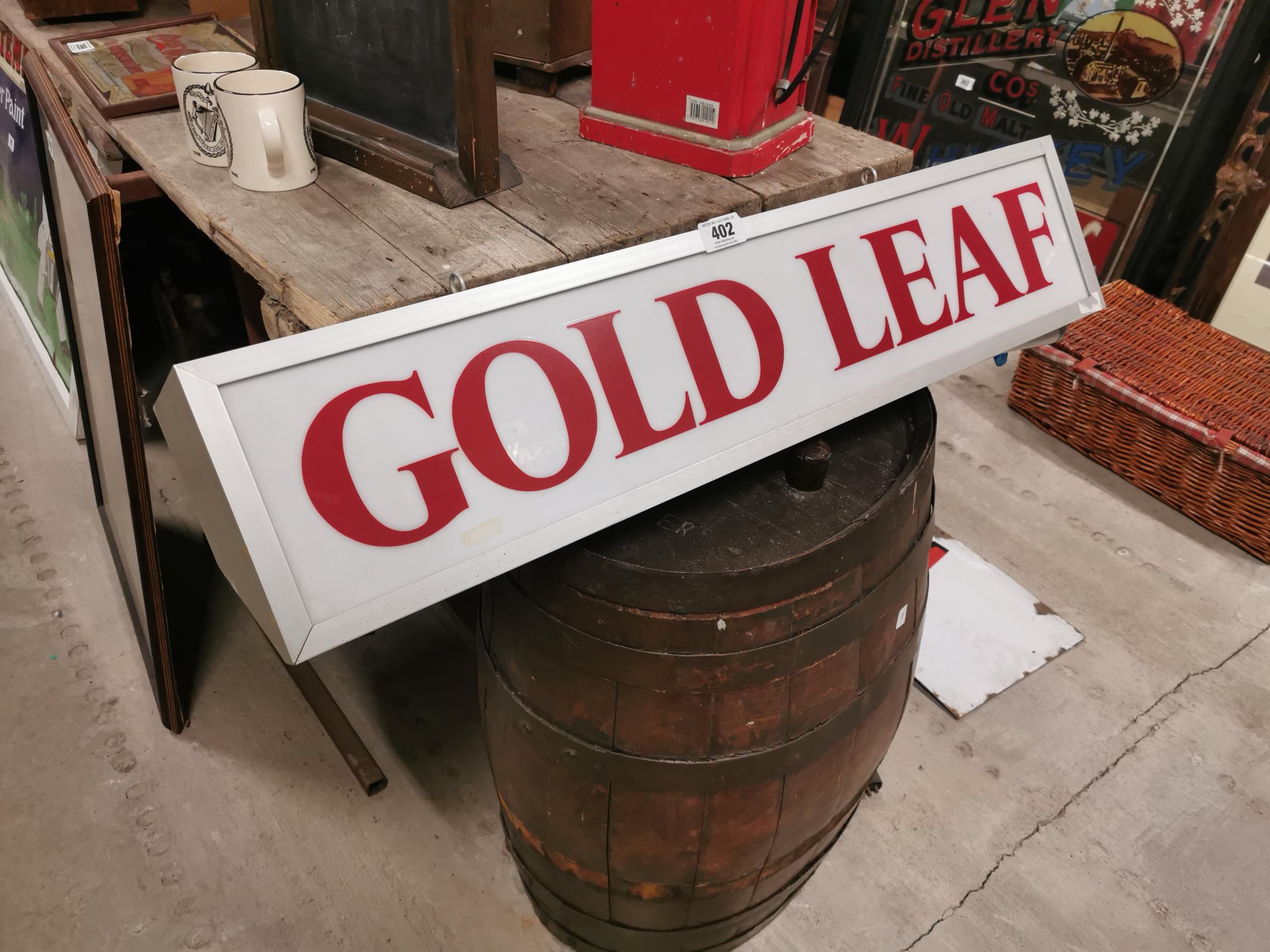 Rare Gold Leaf hanging light up advertising sign {20 cm H x 94 cm W x 15 cm D}.