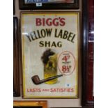 Bigg's Yellow Label Shag Lasts and Satisfies framed advertising showcard. { 77 cm H x 51 cm W}.