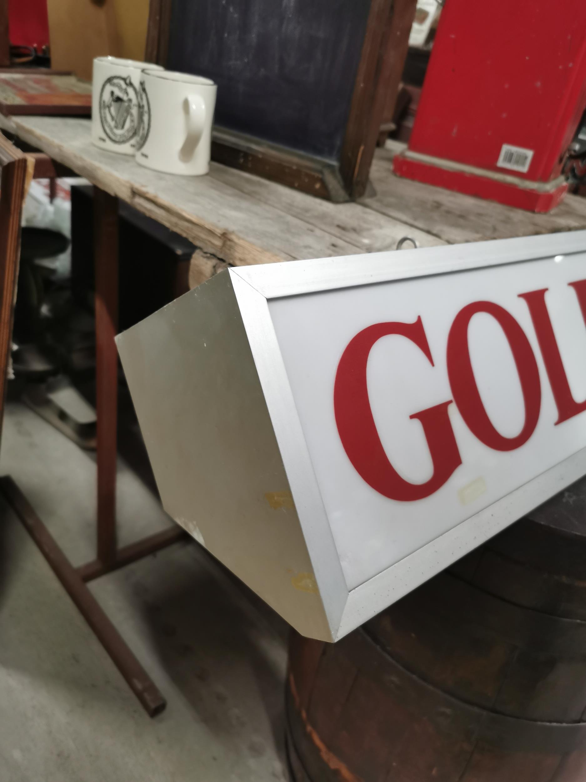 Rare Gold Leaf hanging light up advertising sign {20 cm H x 94 cm W x 15 cm D}. - Image 2 of 3