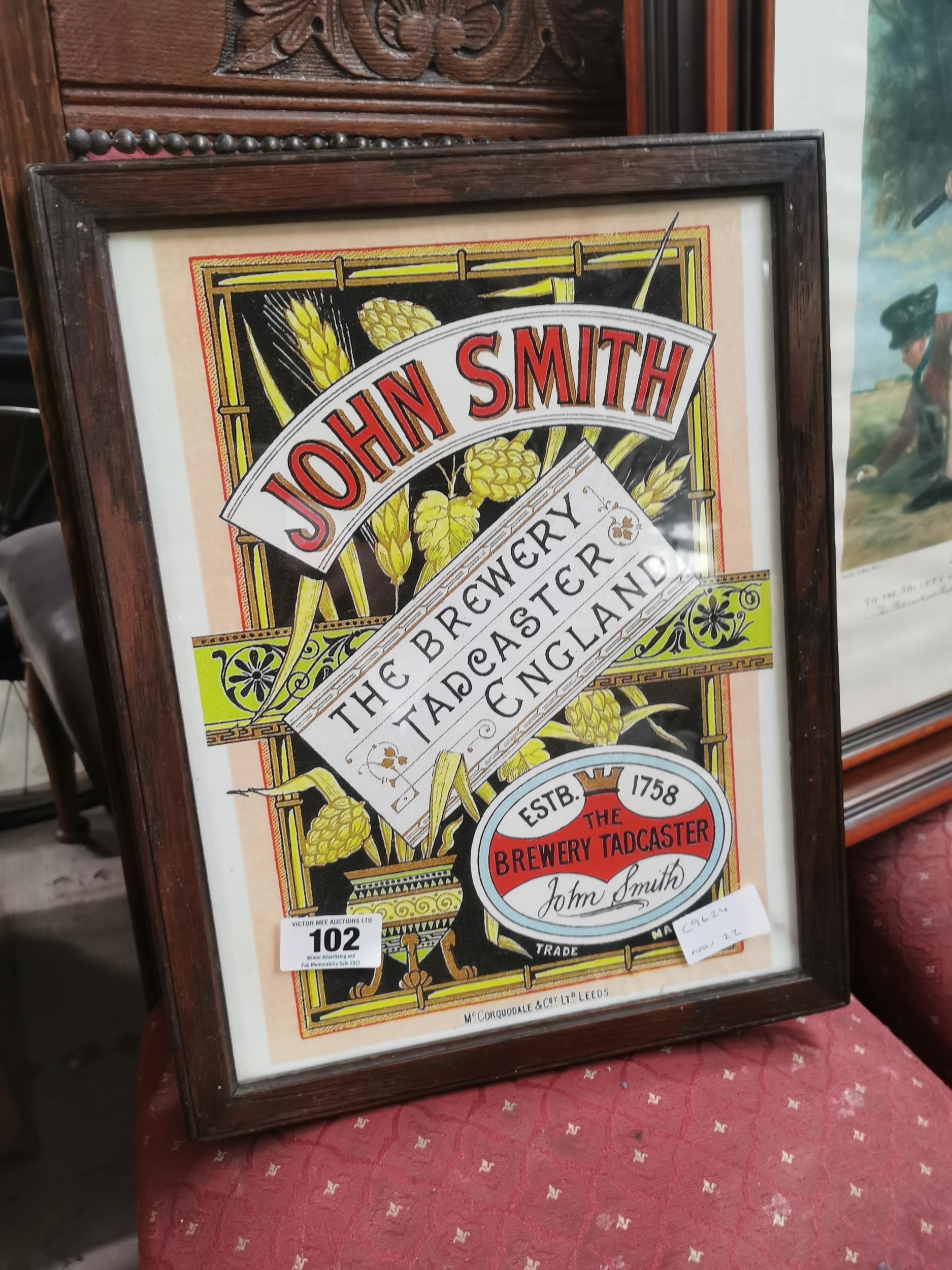 John Smith Brewery Tadcaster England framed advertising print. {42 cm H x 33 cmW}.