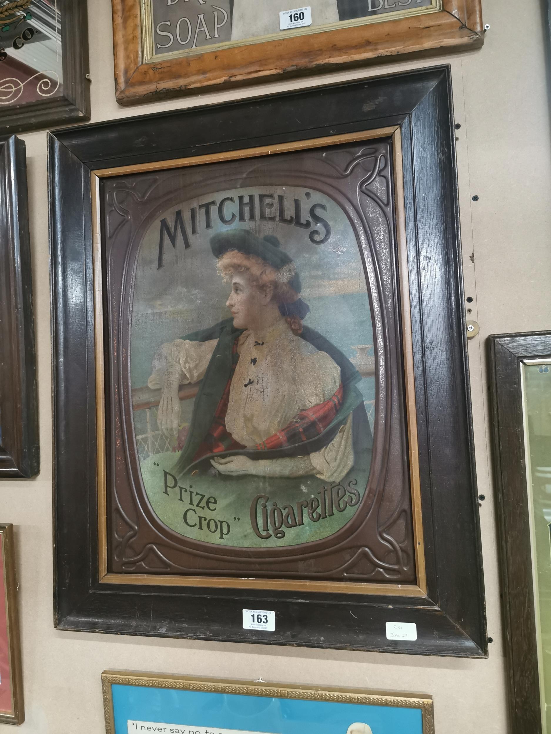 Rare Mitchell's Prize Crop Cigarettes embossed tin plate framed advertising sign {77 cm H x 61 cm