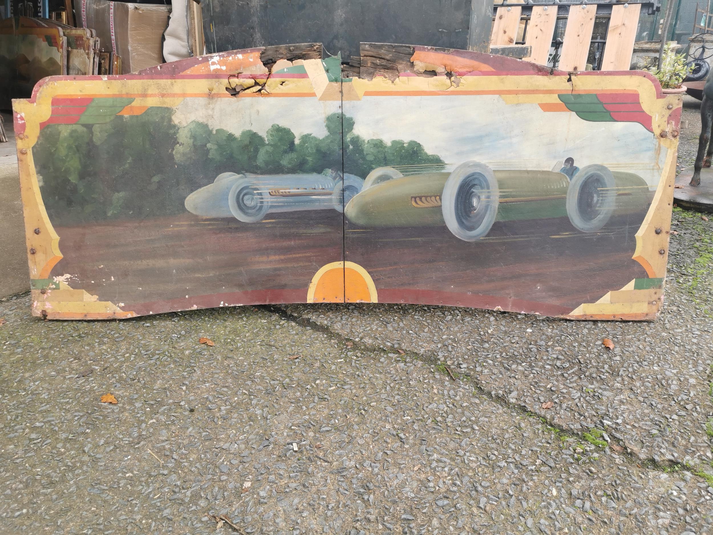 Rare early 20th C. painted wooden carvnival panels decorated with racing car scenes g {98 cm H x 228