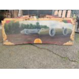 Rare early 20th C. painted wooden carvnival panels decorated with racing car scenes g {98 cm H x 228