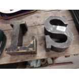 Early 20th C. Two Brass Shop Letters – S and L. { 19 cm H x16 cm W x 8 cm D}