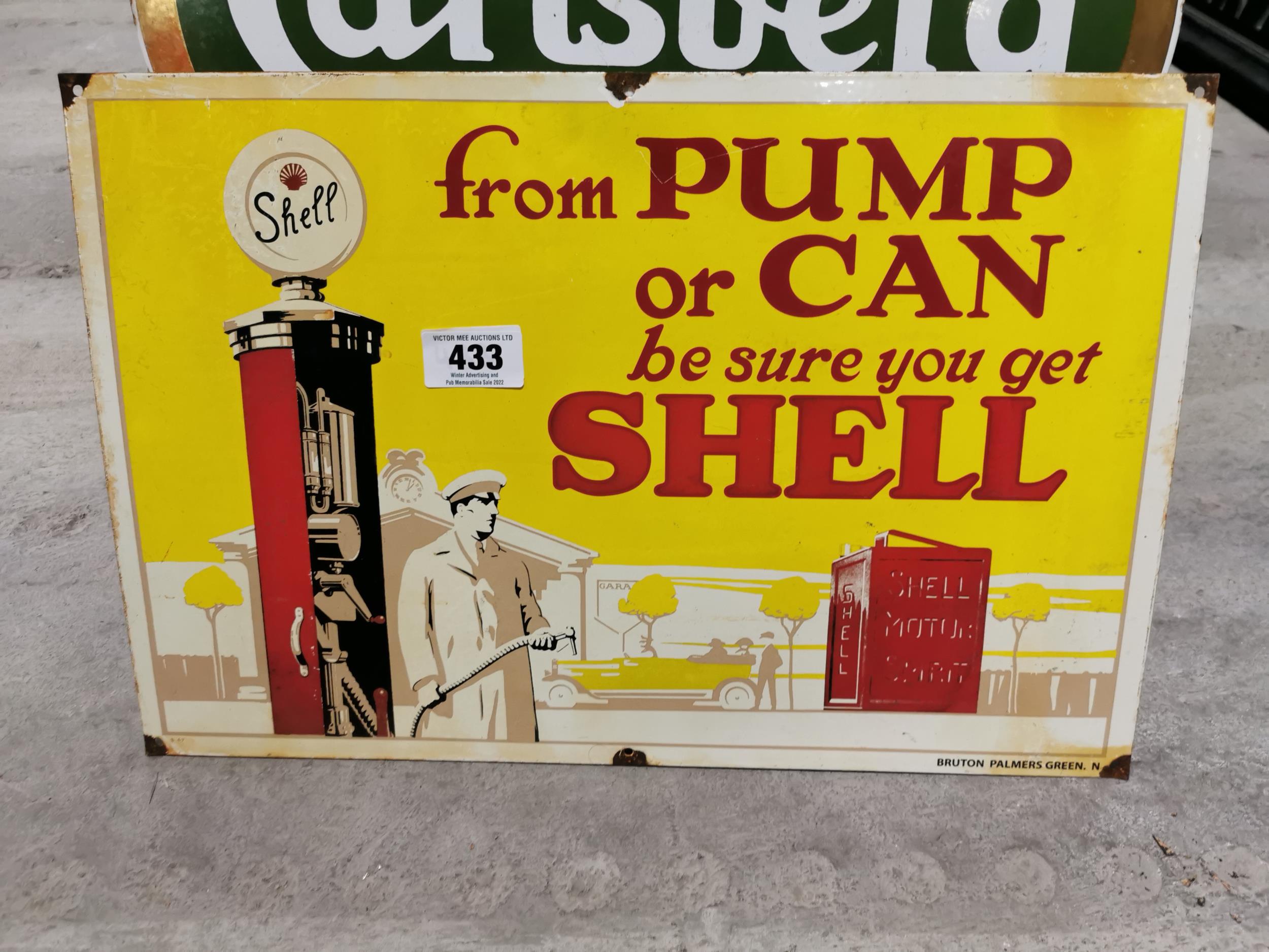 From Pump or Can Be Sure You Get Shell enamel advertising sign. {43 cm H x 50 cm W}.