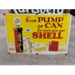 From Pump or Can Be Sure You Get Shell enamel advertising sign. {43 cm H x 50 cm W}.