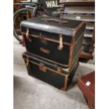 Two 19th C. Leather bound travelling trunks. {29 cm H x 50 cm W x 42 cm D approx}