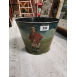 Painted metal waste paper bin depicting Golfer. {22 cm H x 29 cm Dia}