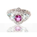 White gold ring with diamonds, aquamarine and pink sapphire