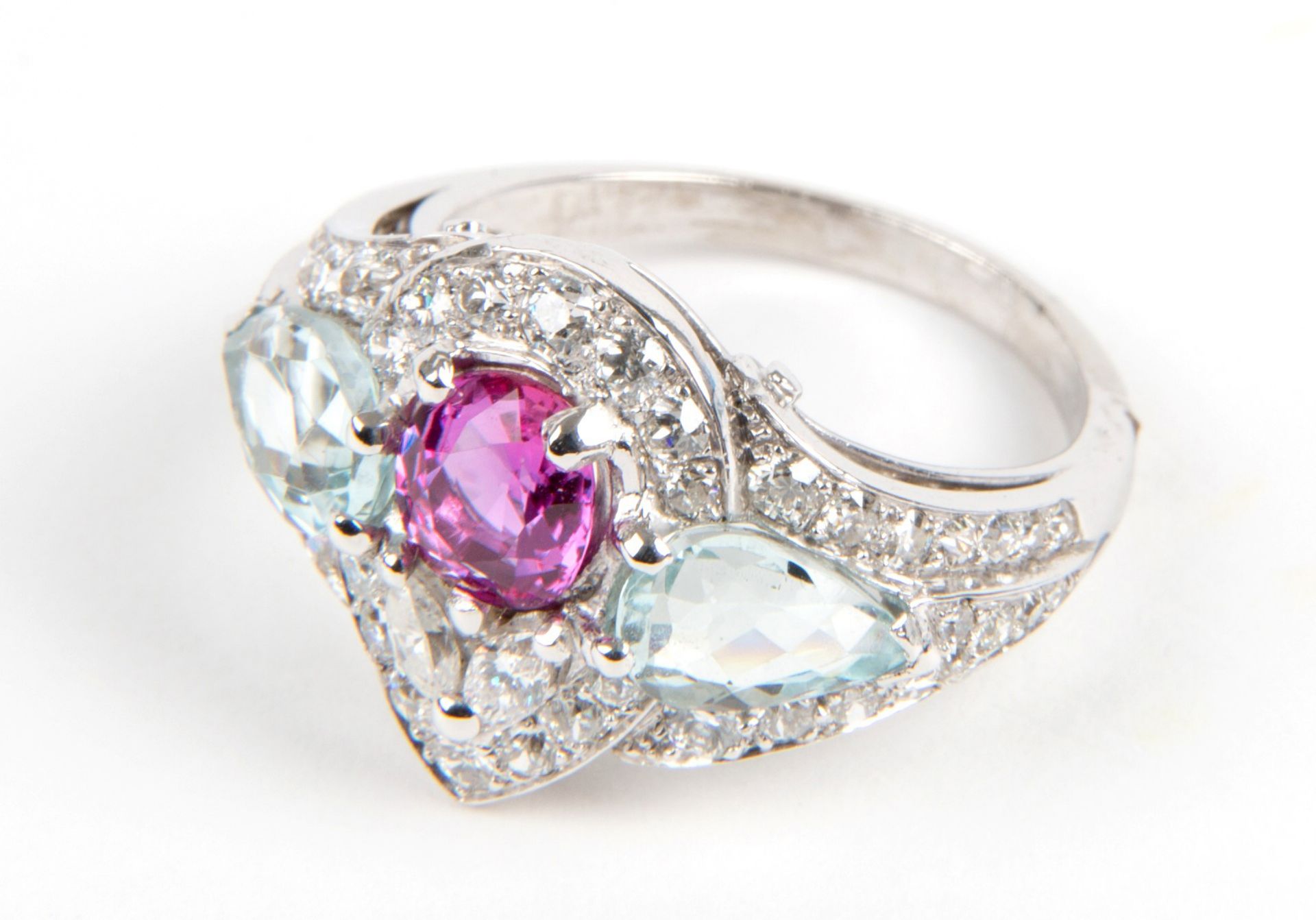 White gold ring with diamonds, aquamarine and pink sapphire - Bild 2 aus 3