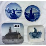 ROYAL COPENHAGEN DENMARK 4587 KOBEN HAVNS RAADHUS SQUARE PIN DISH AND 2985 13-985 MERMAID ON ROCK