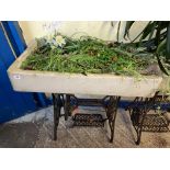 SINGER SEWING MACHINE BASE WITH BELFAST CERAMIC BASIN CONVERTED TO PLANTER 88CM W X 45CM D X 85CM H