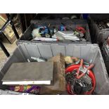THREE CRATES OF VARIOUS TOOLS INCLUDING CANNED PRIMERS, MECHANICS CAR PARTS,