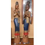 PAIR OF CARVED AND PAINTED INDIAN/EASTERN FEMALE FIGURES 102CM H