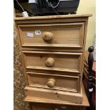 PINE THREE DRAWER CHEST WITH LARGER TURNED HANDLES