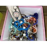 BOX OF ASSORTED COSTUME JEWELLERY, BEADS, WATCHES,