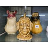 SARREGUEMINES FRENCH MAJOLICA STYLE PIG PITCHER AND ONE MONKEY PITCHER AND A SAD OR HAPPY JESTER