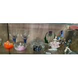 SHELF CONTAINING FLORAL GLASS PAPER WEIGHTS, GLASS TORTOISE,