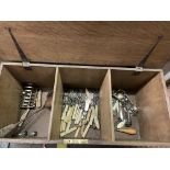 19TH CENTURY OAK BOX CONTAINING PART PLATED CUTLERY, TOAST RACK,