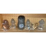 CLEAR GLASS PAPER WEIGHTS INCLUDING WEDGWOOD OWL, AND NACHTMANN CRYSTAL CREATURE FIGURES, ETC.