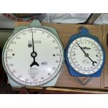 TWO ENAMELED SALTER HANGING SCALES,