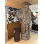 CHINESE BAMBOO ROOT CARVING OF THE FISHERMAN 39CM H AND A BAMBOO CARVED BRUSH POT