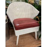 WHITE PAINTED LLOYD LOOM STYLE BEDROOM CHAIR AND A SIMILARLY UPHOLSTERED FOOTSTOOL