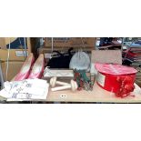 SELECTION OF BEADED AND LACE HANDBAGS, TIMPSON COUTURE SATIN COURT SHOES, DARNING MUSHROOMS,