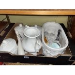 BOX OF WHITE POTTERY PLANTERS AND STORAGE JARS