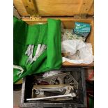 THREE WOODEN BOXES CONTAINING TOOLS, WRAP OF MECHANIC SPANNERS,