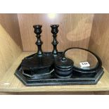 EBONISED WOODEN DRESSING TABLE SET AND GABON EBONY LIDDED POT