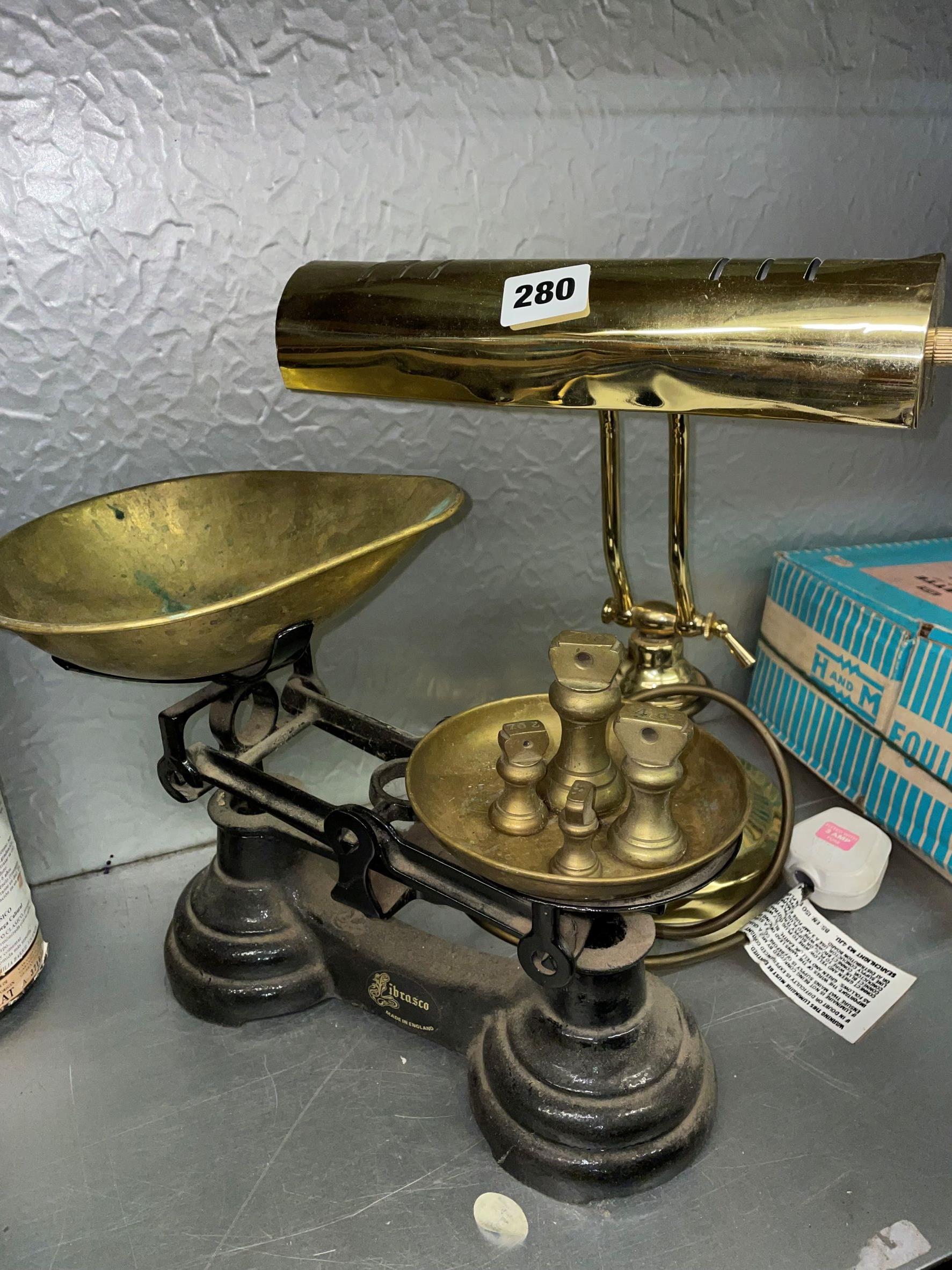 VINTAGE BRASS PAN SCALES WITH BELL WEIGHTS AND BANKERS STYLE READING LAMP