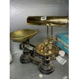VINTAGE BRASS PAN SCALES WITH BELL WEIGHTS AND BANKERS STYLE READING LAMP